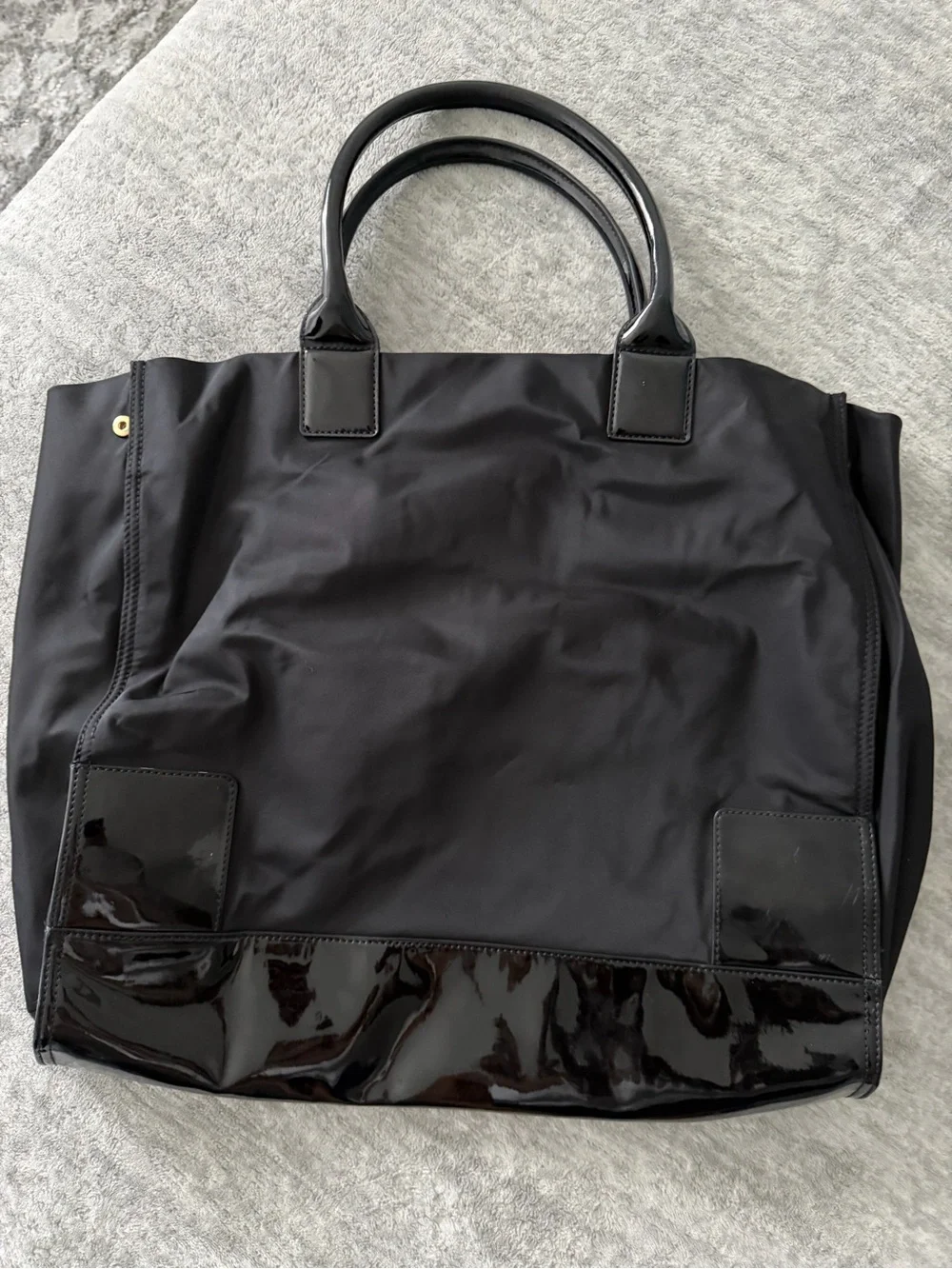 Tory Burch Black Nylon Tote with Patent Trim and Logo